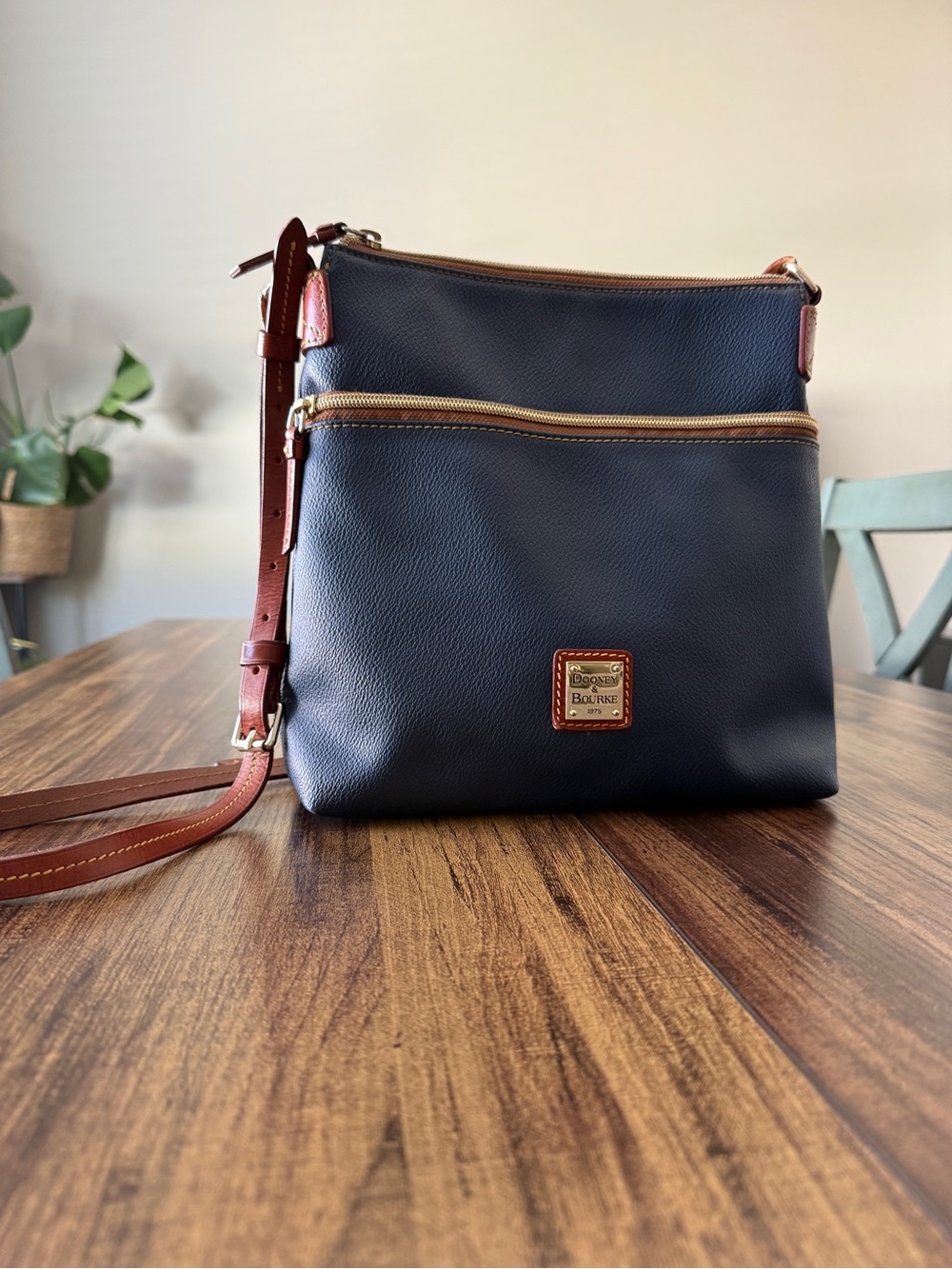 Dooney & Bourke Navy Leather Messenger with Brown Strap